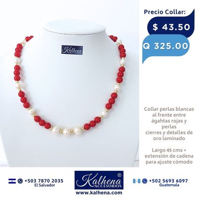 Collar de Perlas y Agathas facetadas tono rojo vivo