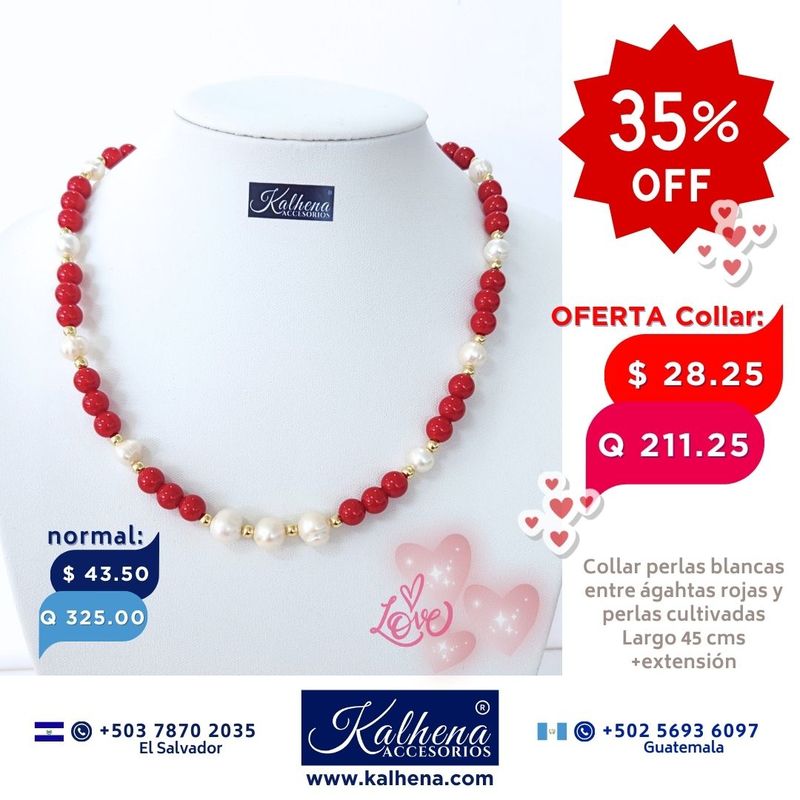 Collar de Perlas y Agathas facetadas tono rojo vivo