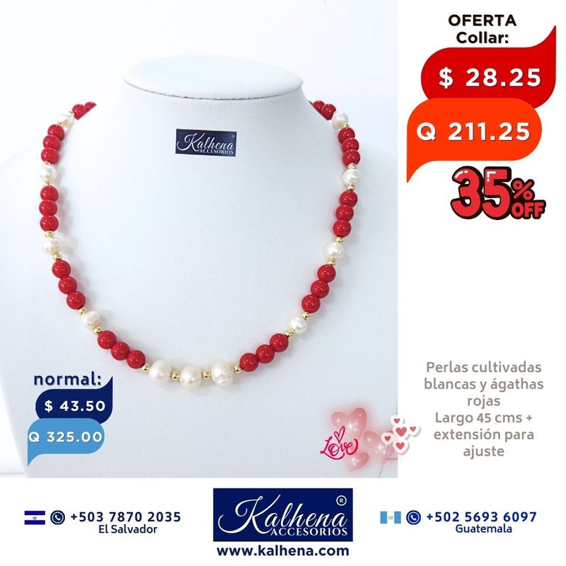 Collar de Perlas y Agathas tono rojo vivo Collar de Perlas y Agathas tono rojo vivo