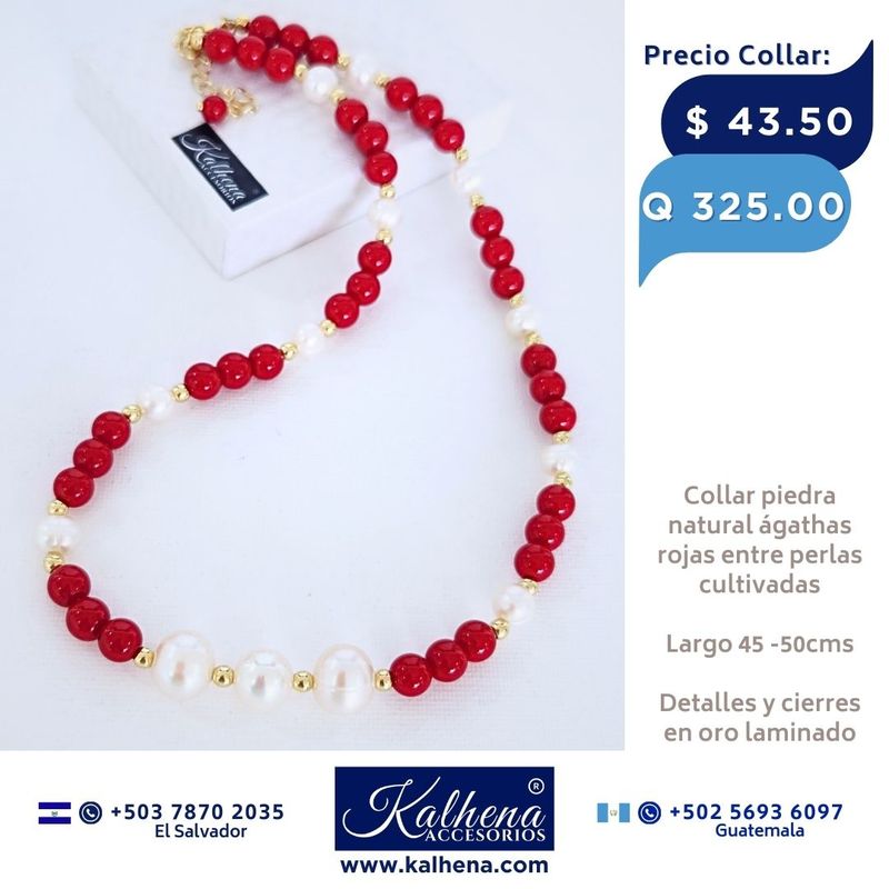 Collar de Perlas y Agathas tono rojo vivo Collar de Perlas y Agathas tono rojo vivo
