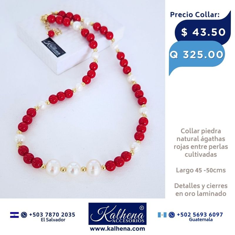Collar de Perlas y Agathas tono rojo vivo