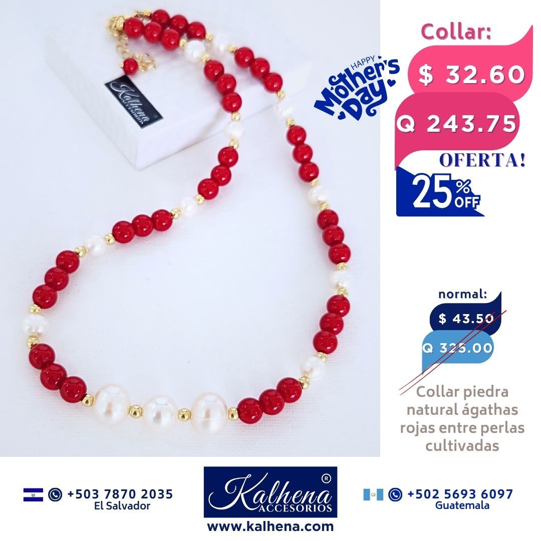 Collar de Perlas y Agathas tono rojo vivo
