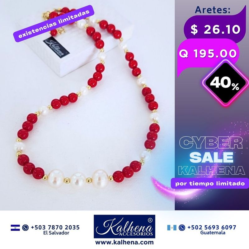 Collar de Perlas y Agathas tono rojo vivo Collar de Perlas y Agathas tono rojo vivo