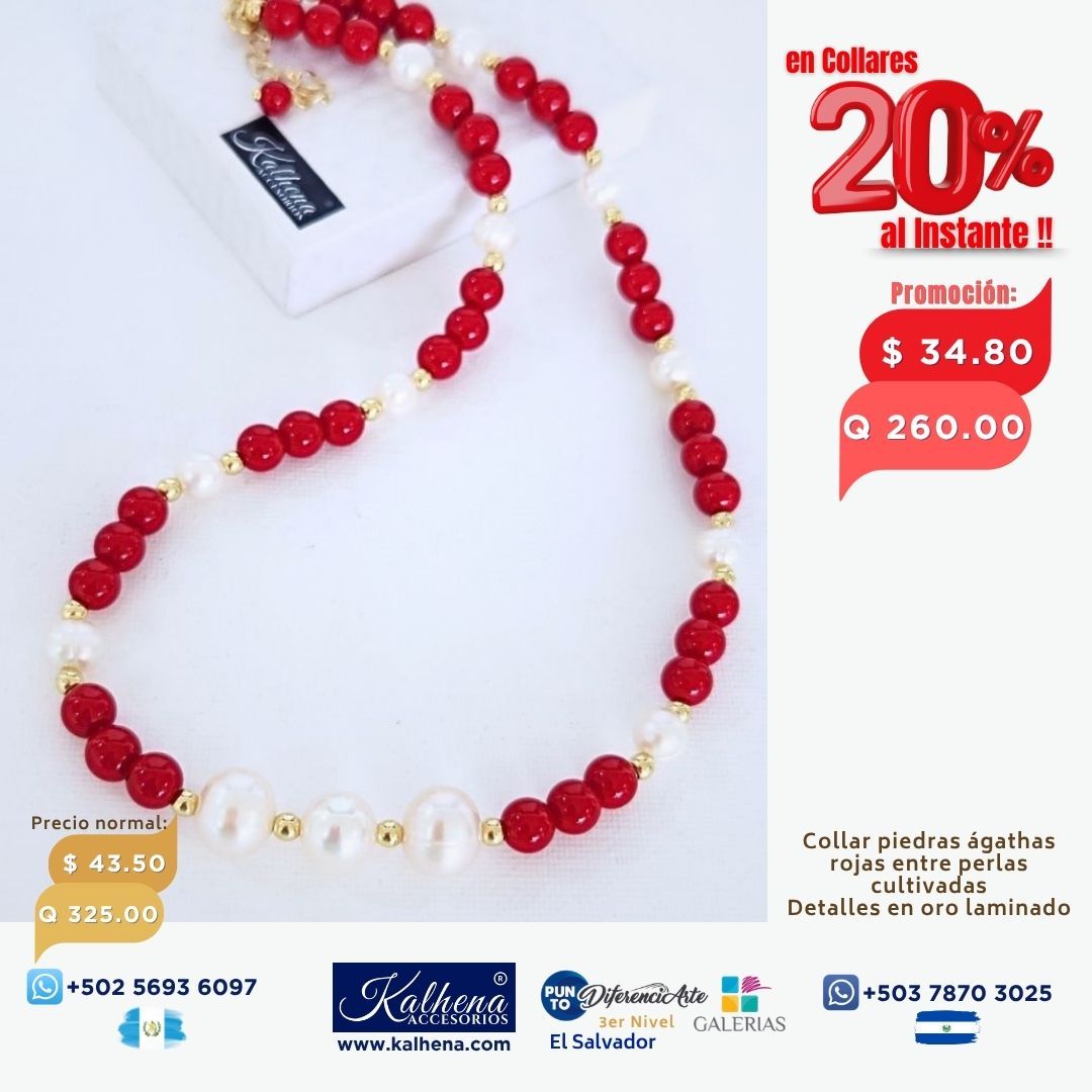 Collar de Perlas y Agathas tono rojo vivo