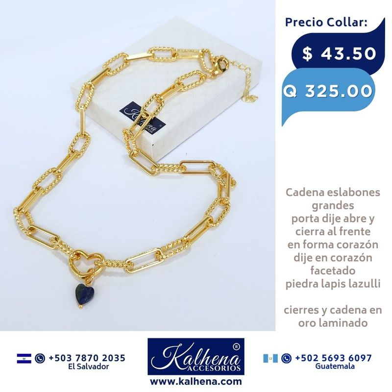 Cadena eslabones grandes oro laminado, portadije abre y cierra corazón, incluye dije en piedra natural
