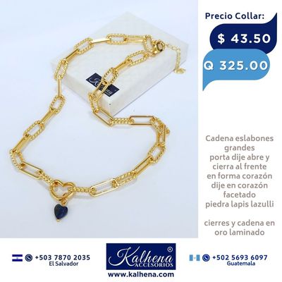 Cadena eslabones grandes oro laminado, portadije abre y cierra corazón, incluye dije en piedra natural