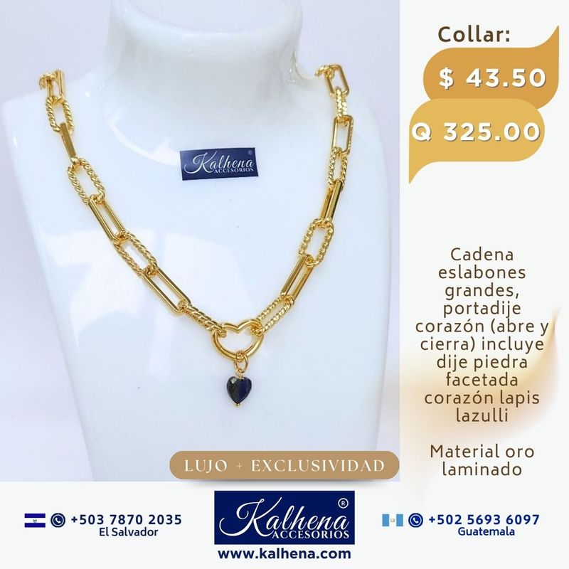 Cadena eslabones grandes oro laminado, portadije abre y cierra corazón, incluye dije en piedra natural