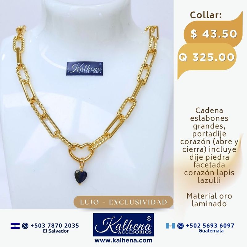 Cadena eslabones grandes oro laminado, portadije abre y cierra corazón, incluye dije en piedra natural