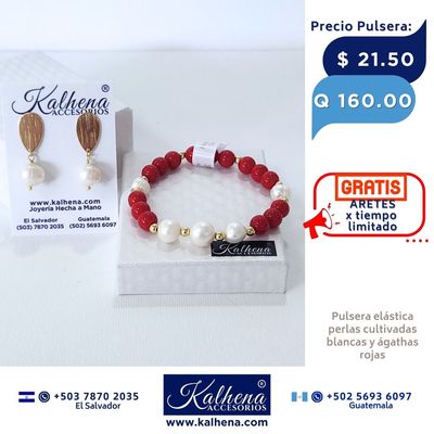 Pulsera Agathas rojas y perlas cultivadas