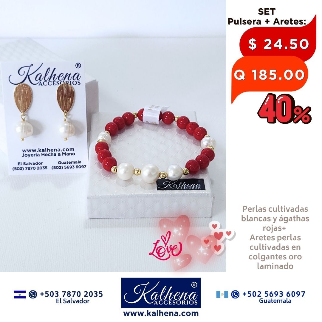 Set Pulsera y Aretes Agathas rojas y perlas cultivadas
