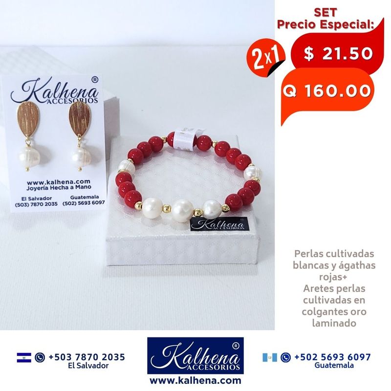 2x1 Pulsera y Aretes Agathas rojas y perlas cultivadas
