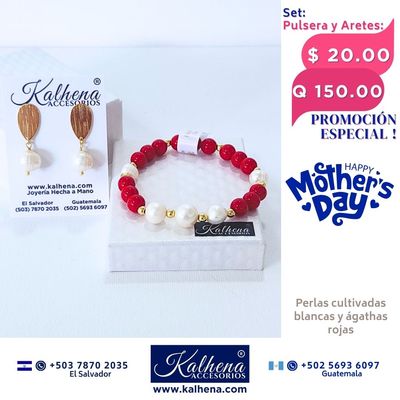 Promoción: Pulsera y Aretes Agathas rojas y perlas cultivadas