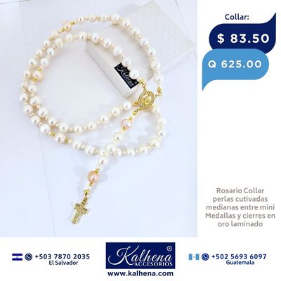 Rosario Collar perlas cultivadas Medallas y cierres en oro laminado