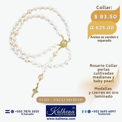 Rosario Collar perlas cultivadas Medallas y cierres en oro laminado
