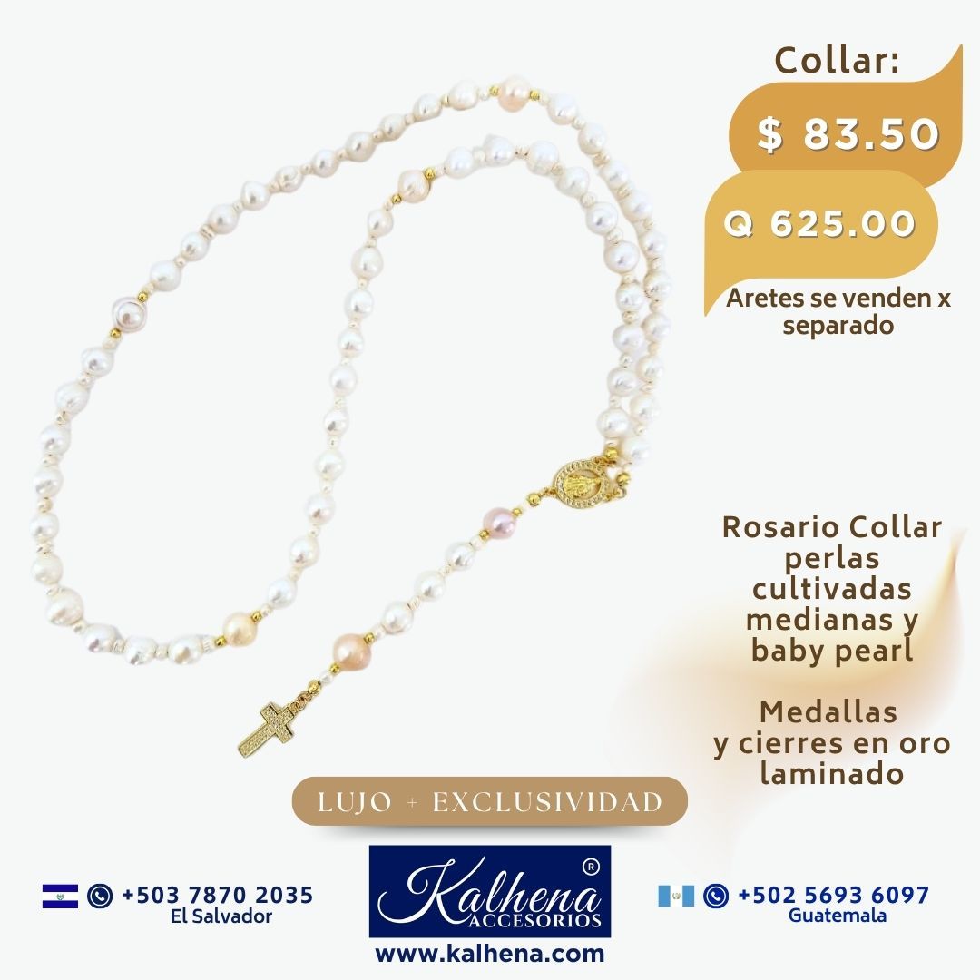 Rosario Collar perlas cultivadas Medallas y cierres en oro laminado