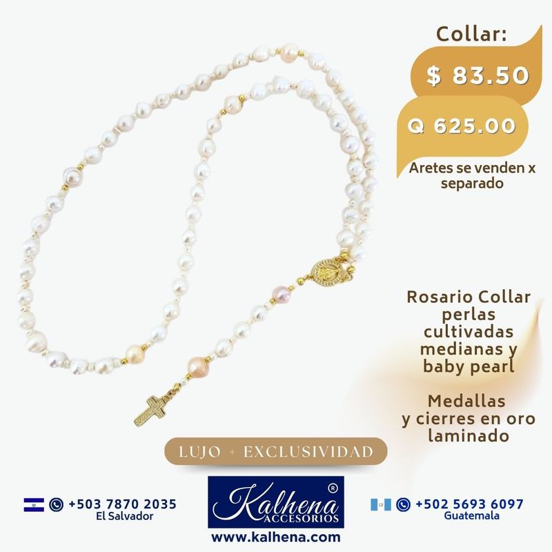 Rosario Collar perlas cultivadas Medallas y cierres en oro laminado
