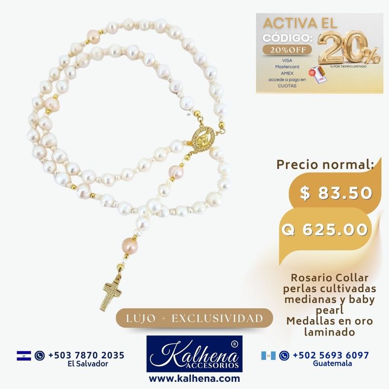 Rosario Collar perlas cultivadas Medallas y cierres en oro laminado