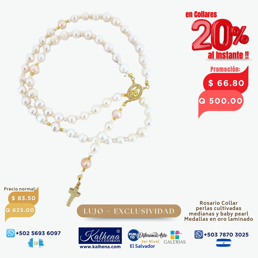 Rosario Collar perlas cultivadas Medallas y cierres en oro laminado