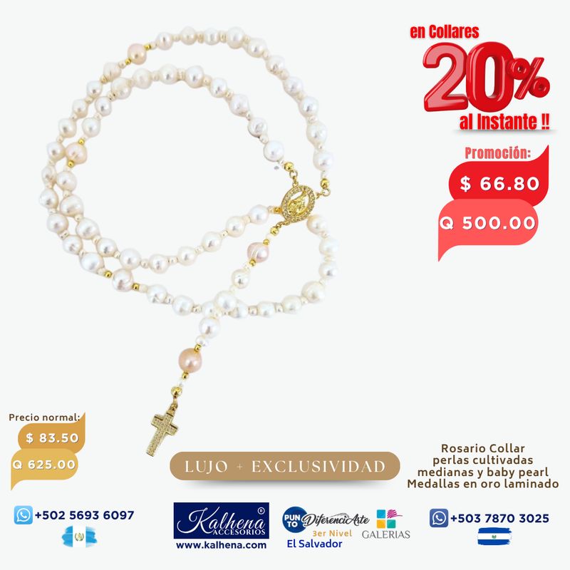 Rosario Collar perlas cultivadas Medallas y cierres en oro laminado
