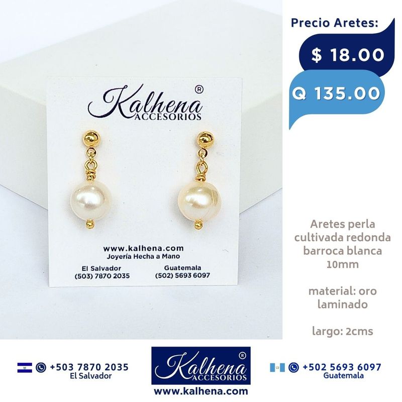 Aretes perla cultivada barroca redonda tono blanco anacarado Aretes perla cultivada barroca redonda tono blanco anacarado