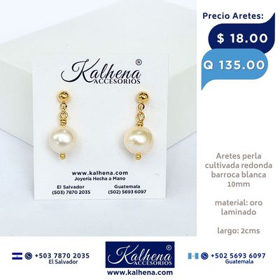 Aretes perla cultivada barroca redonda tono blanco anacarado