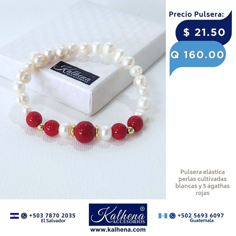 Pulsera 5 Agathas rojas y perlas cultivadas