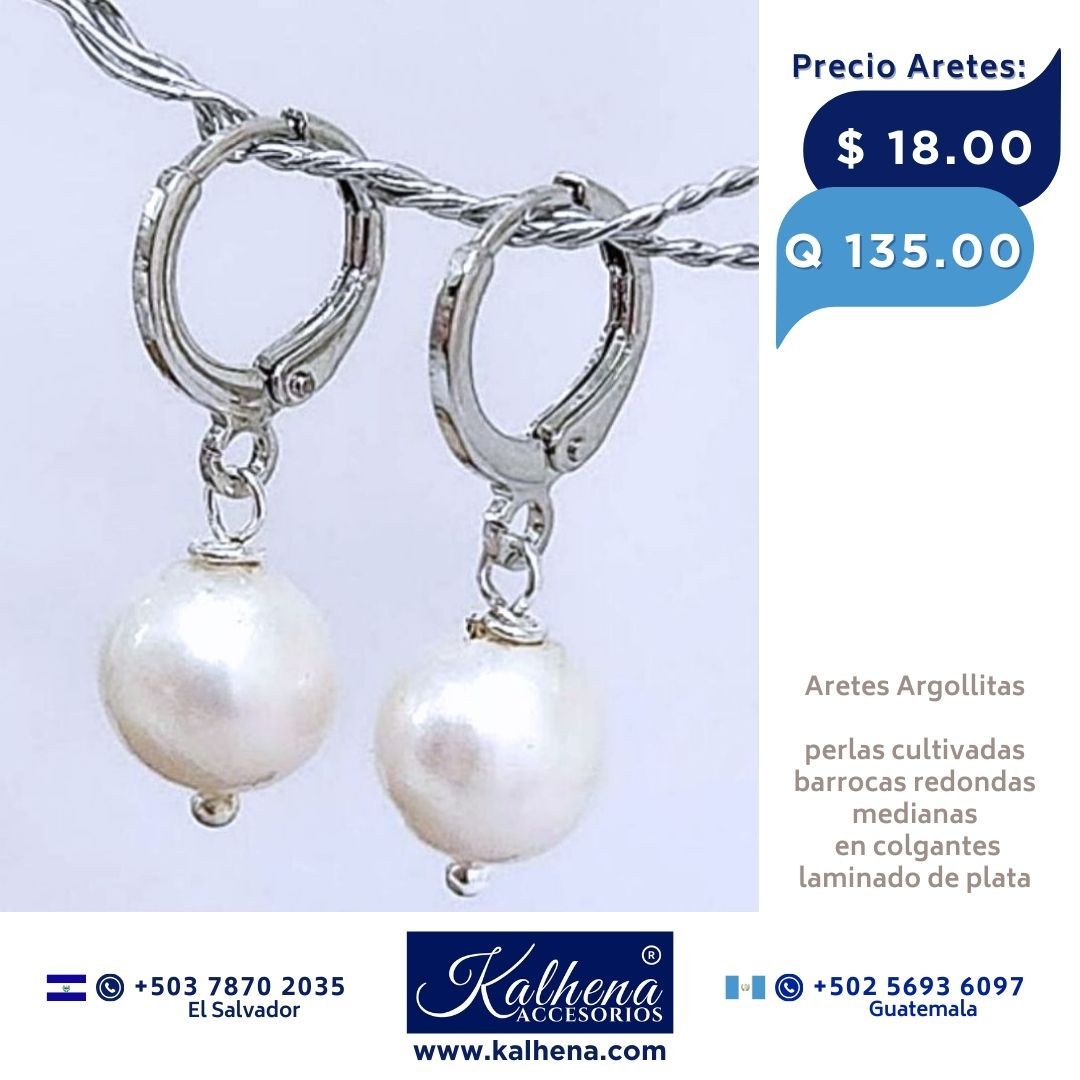 Aretes argollitas perla cultivada barroca redonda en laminado plata