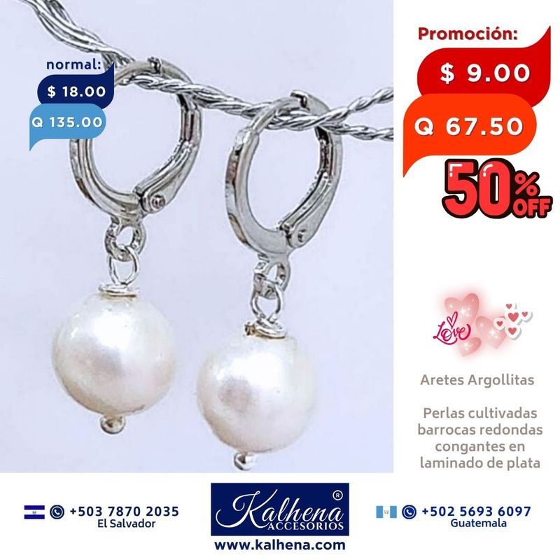 Aretes argollitas perla cultivada barroca redonda en laminado plata Aretes argollitas perla cultivada barroca redonda en laminado plata