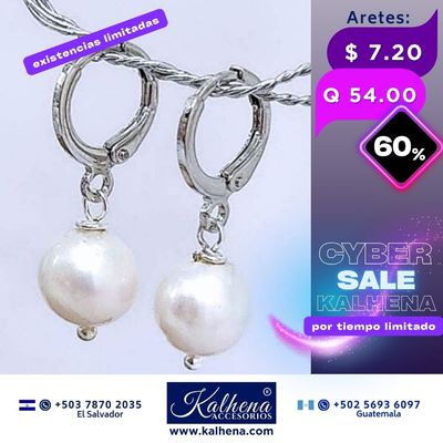 Aretes argollitas perla cultivada barroca redonda en laminado plata