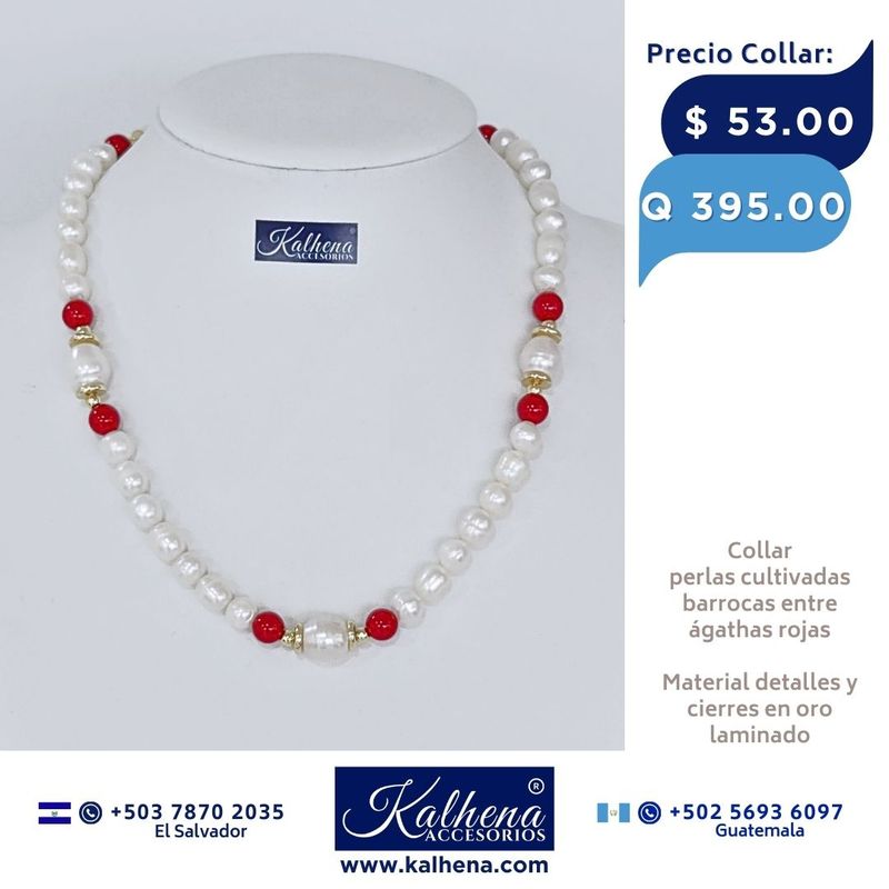 Collar perlas cultivadas barrocas entre ágathas rojas