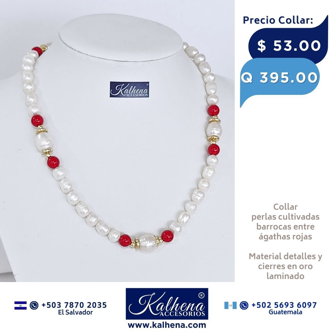 Collar perlas cultivadas barrocas entre ágathas rojas
