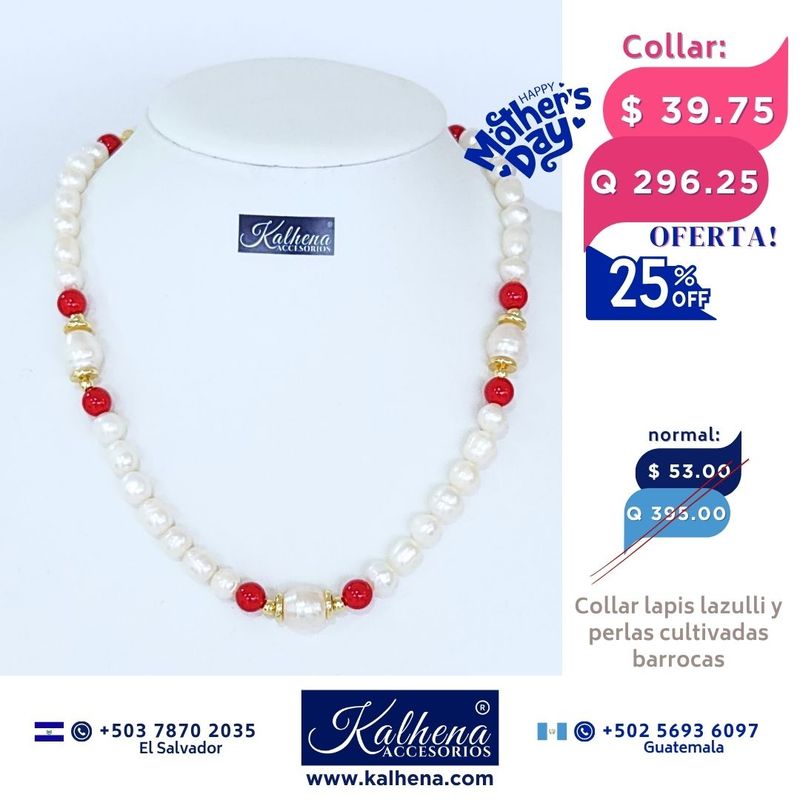 Collar perlas cultivadas barrocas entre ágathas rojas Collar perlas cultivadas barrocas entre ágathas rojas