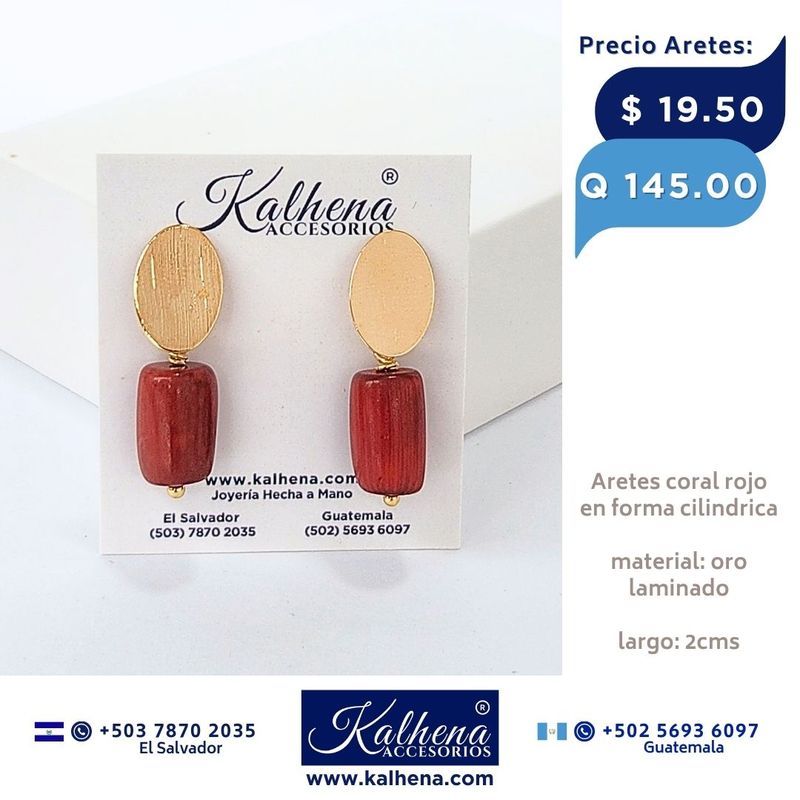 Aretes piedras coral colgantes oro laminado