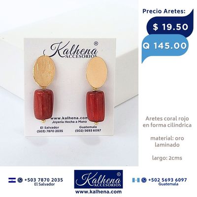 Aretes piedras coral colgantes oro laminado