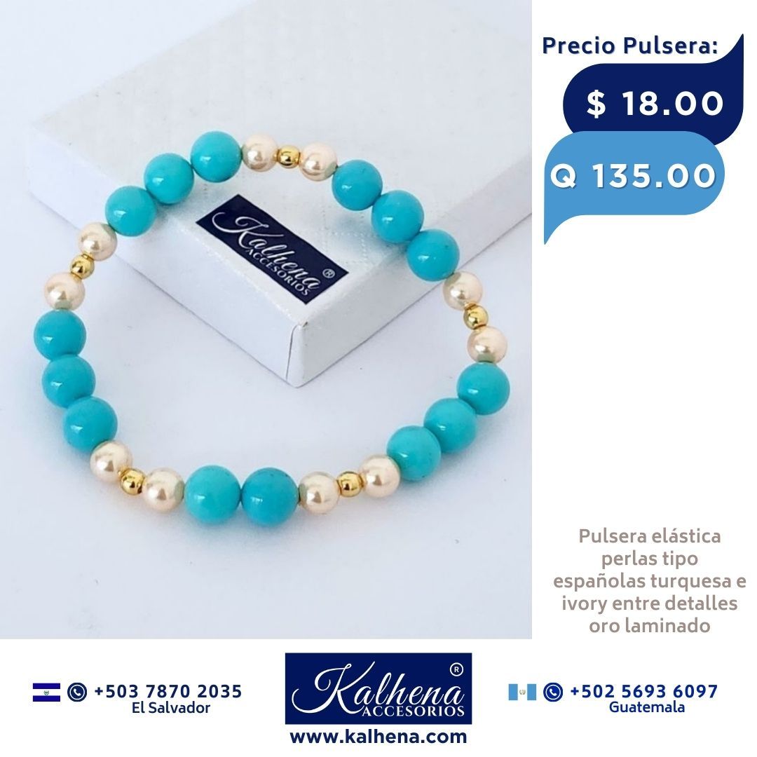 Pulsera perlas tipo Mallorca turquesa e ivory entre balines gold