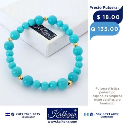 Pulsera perlas tipo Mallorca turquesa entre balines gold