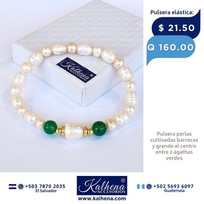 Pulsera 2 agathas verdes y perlas cultivadas Pulsera 2 agathas verdes y perlas cultivadas