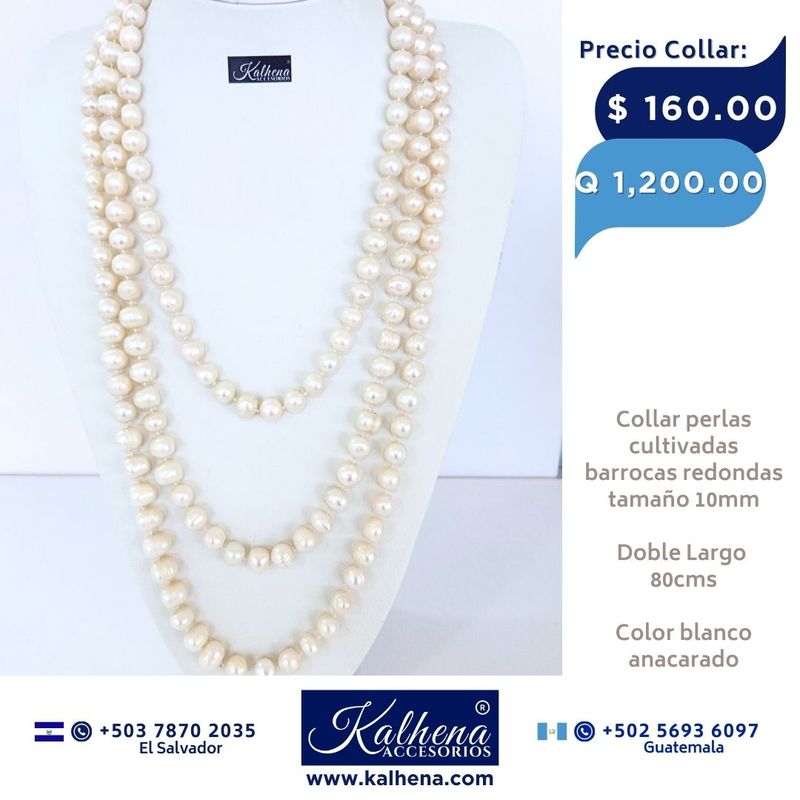Collar largo perlas cultivadas barrocas redondas: blanco anacarado