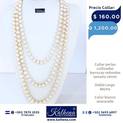 Collar largo perlas cultivadas barrocas redondas: blanco anacarado