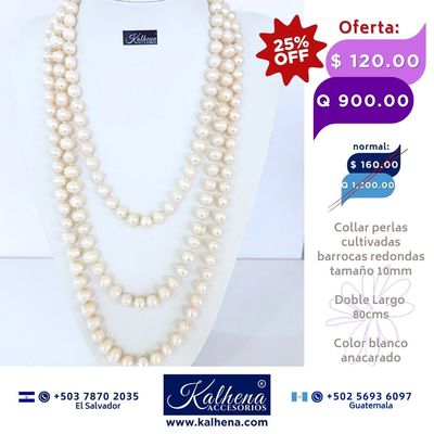 Collar largo perlas cultivadas barrocas redondas: blanco anacarado
