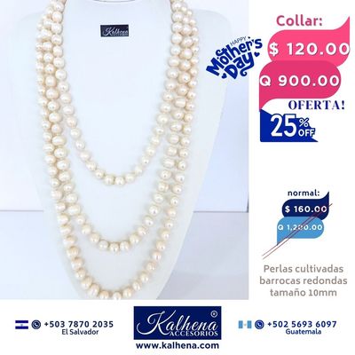Collar largo perlas cultivadas barrocas redondas: blanco anacarado