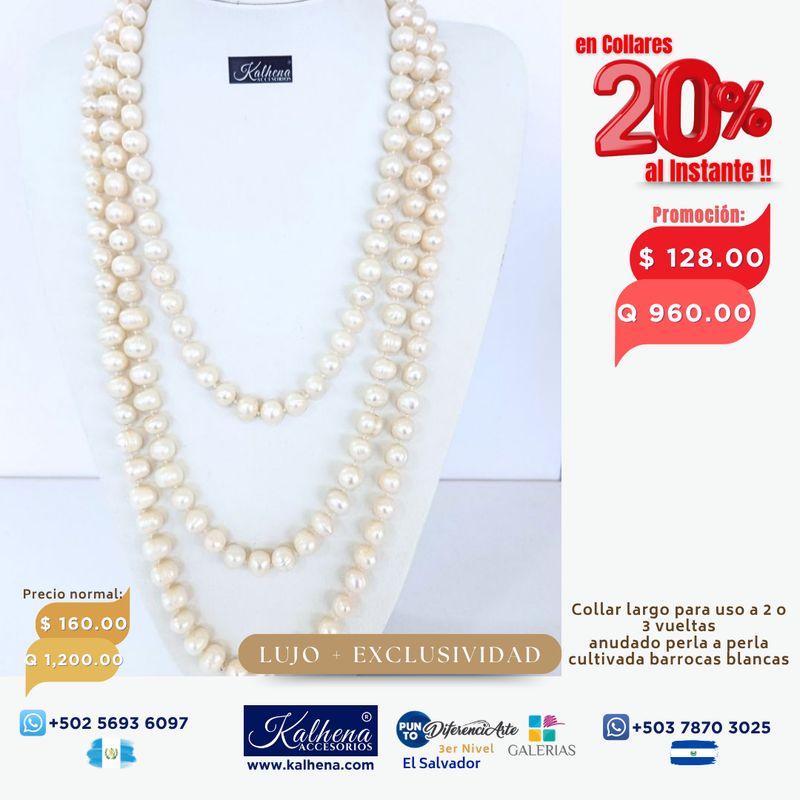 Collar largo perlas cultivadas barrocas redondas: blanco anacarado
