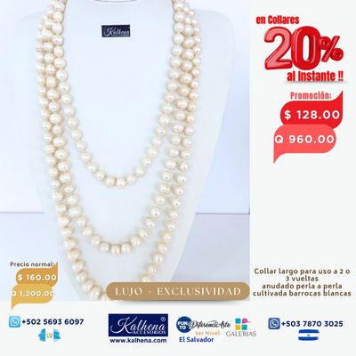 Collar largo perlas cultivadas barrocas redondas: blanco anacarado
