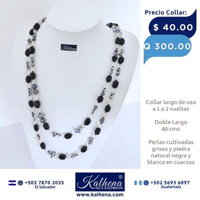 Collar largo perlas cultivadas grises y piedra natural