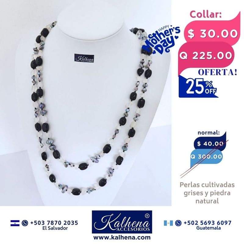 Collar largo perlas cultivadas grises y piedra natural Collar largo perlas cultivadas grises y piedra natural