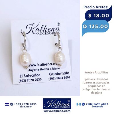 Aretes argollitas perla cultivada barroca alargada pequeña en laminado plata