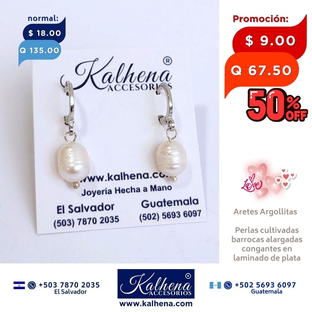 Aretes argollitas perla cultivada barroca alargada pequeña en laminado plata