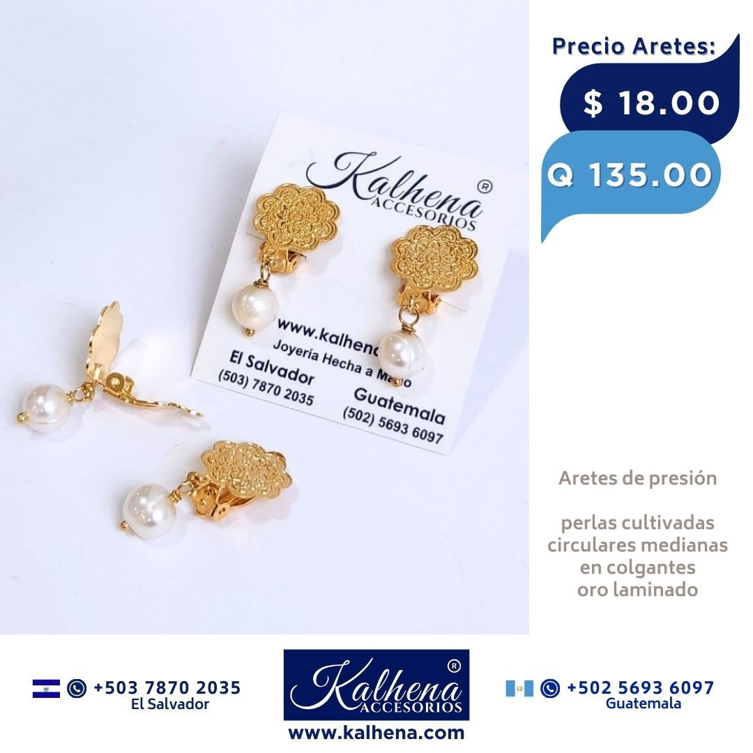 Aretes de presión oro laminado y perla cultivada