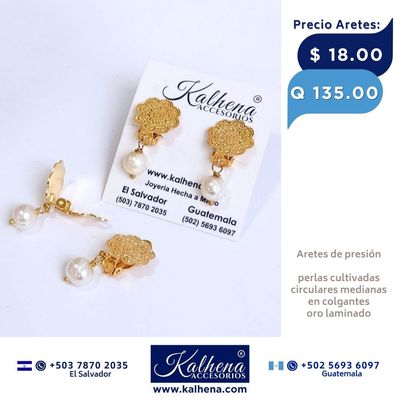 Aretes de presión oro laminado y perla cultivada