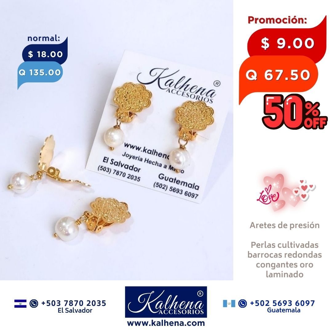 Aretes de presión oro laminado y perla cultivada